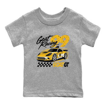 Goat Racing baby and kids t-shirt crafted for little sneakerheads to shine with the Air Jordan 5 Tokyo sneakers, displayed in Heather Grey 2.