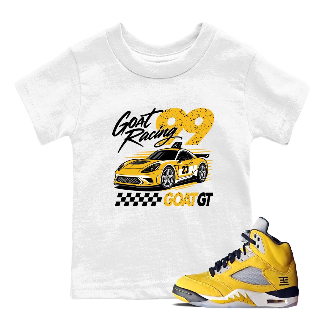 Goat Racing baby and kids t-shirt crafted for little sneakerheads to shine with the Air Jordan 5 Tokyo sneakers, displayed in White 1.