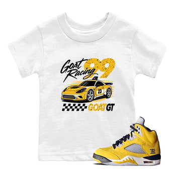 Goat Racing baby and kids t-shirt crafted for little sneakerheads to shine with the Air Jordan 5 Tokyo sneakers, displayed in White 1.