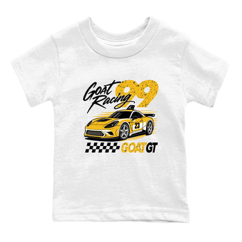 Goat Racing baby and kids t-shirt crafted for little sneakerheads to shine with the Air Jordan 5 Tokyo sneakers, displayed in White 2.