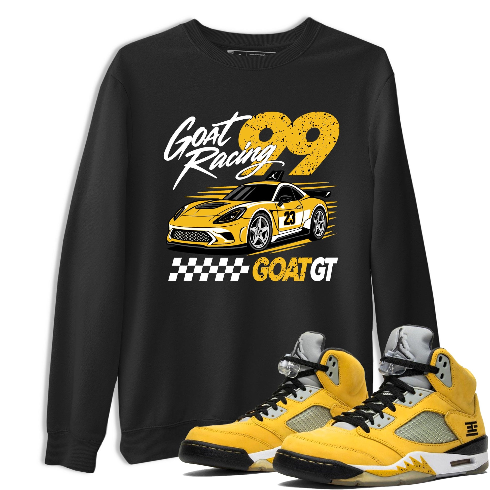 Goat Racing shirts to match jordans, dunks styled to complete your fit with the Air Jordan 5 Tokyo sneakers, shown in Black 1.