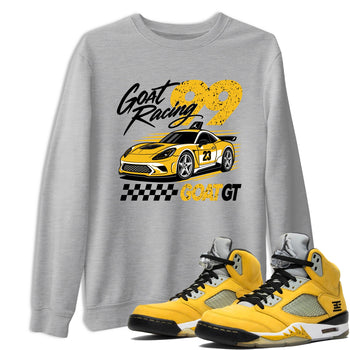 Goat Racing shirts to match jordans, dunks styled to complete your fit with the Air Jordan 5 Tokyo sneakers, shown in Heather Grey 1.