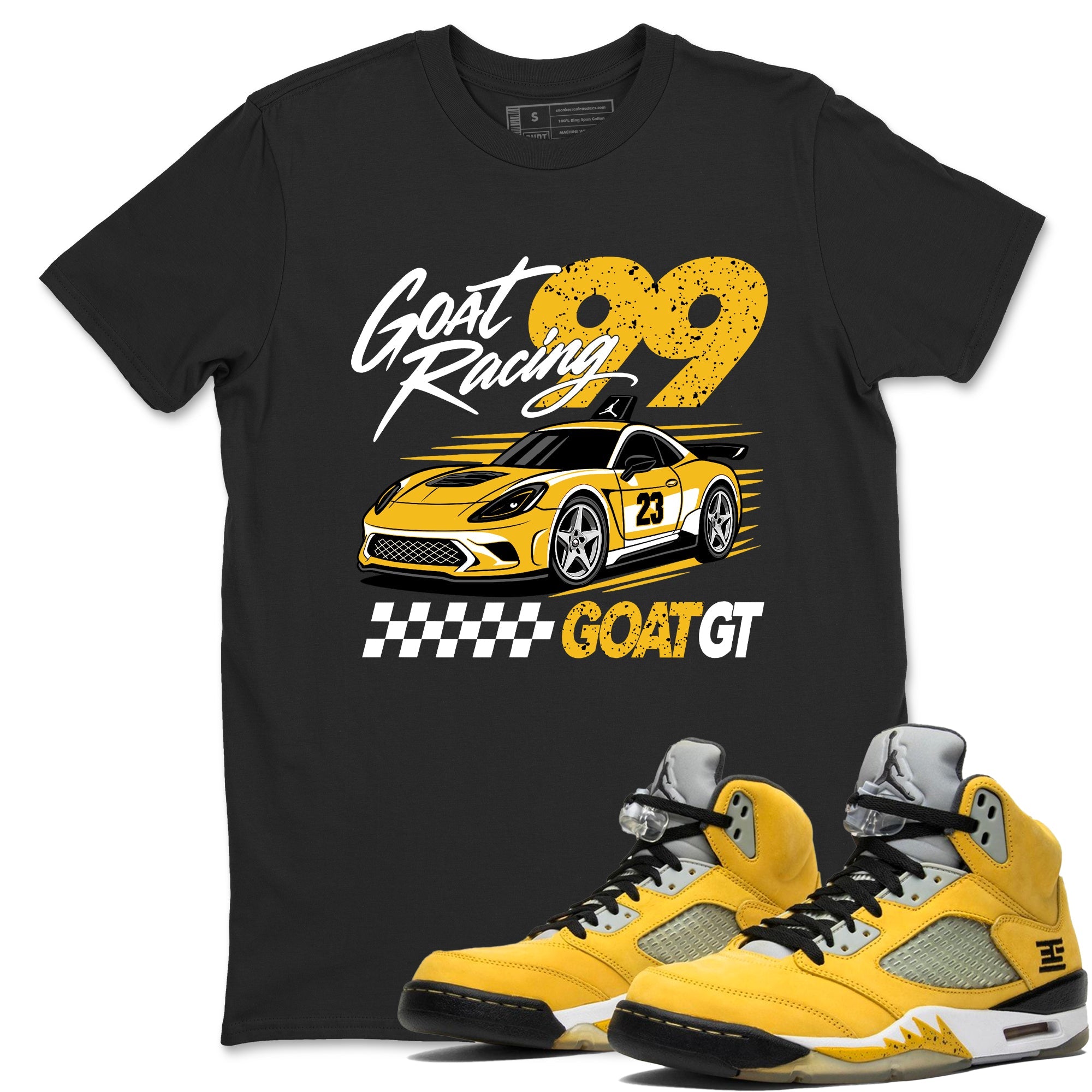 Goat Racing shirts to match jordans, dunks styled to complete your fit with the Air Jordan 5 Tokyo sneakers, shown in Black 1.