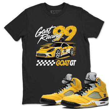 Goat Racing shirts to match jordans, dunks styled to complete your fit with the Air Jordan 5 Tokyo sneakers, shown in Black 1.