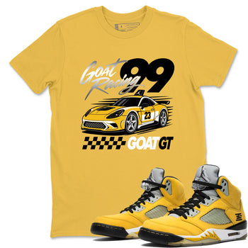 Goat Racing shirts to match jordans, dunks styled to complete your fit with the Air Jordan 5 Tokyo sneakers, shown in Daisy 1.