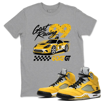 Goat Racing shirts to match jordans, dunks styled to complete your fit with the Air Jordan 5 Tokyo sneakers, shown in Heather Grey 1.