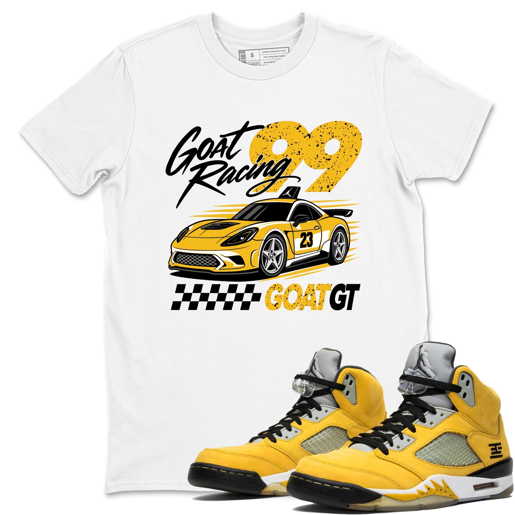 Goat Racing shirts to match jordans, dunks styled to complete your fit with the Air Jordan 5 Tokyo sneakers, shown in White 1.