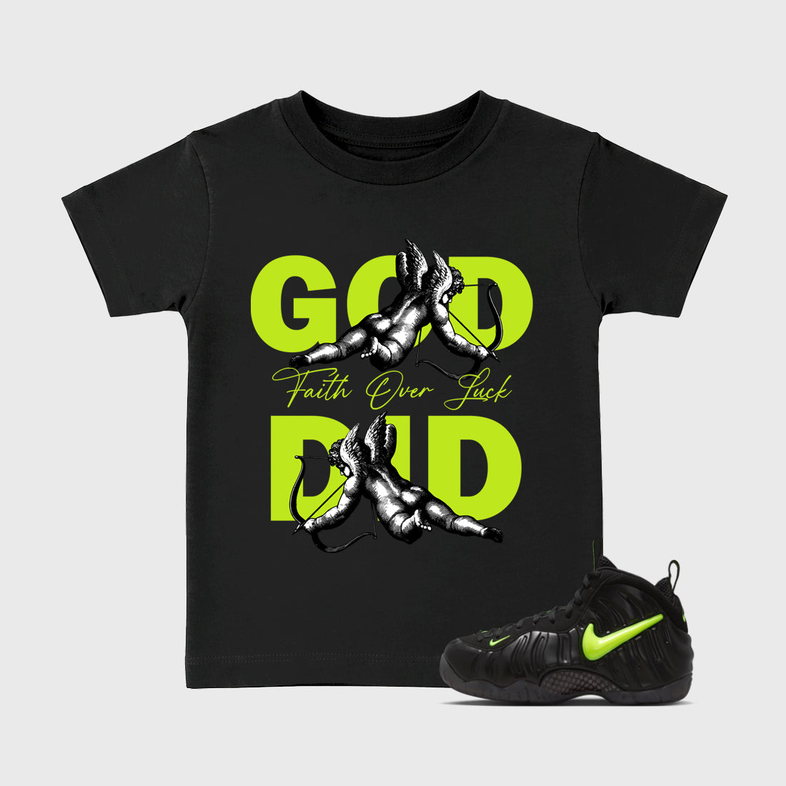 Sneaker match tees – Sneaker Tees To Match Air Foamposite Pro Black Shoes – God Did Kids T-Shirt Black 1