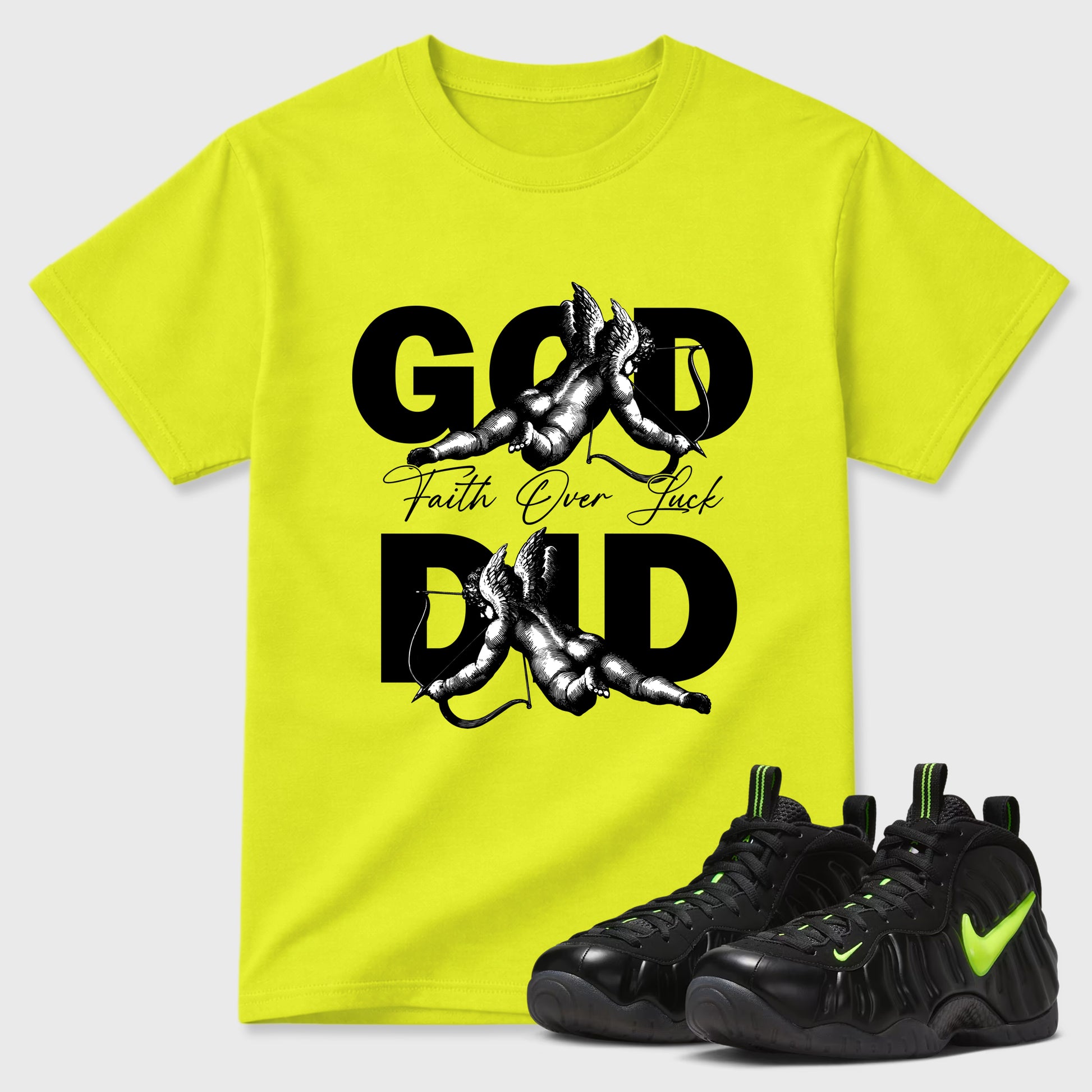 Sneaker match tees – Sneaker Tees To Match Air Foamposite Pro Black Shoes – God Did Tee Safety Green 1
