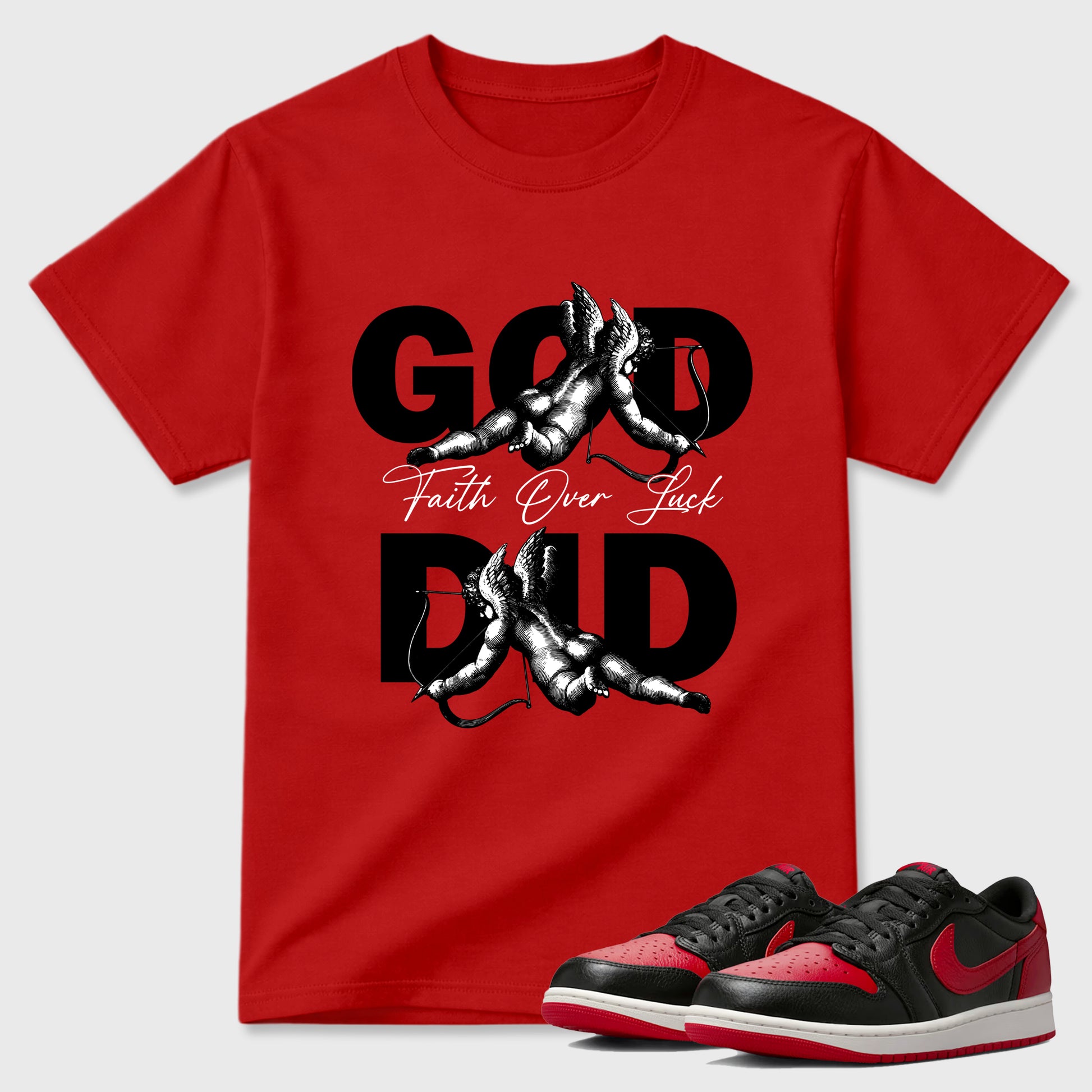 Sneaker match tees – Sneaker Tees To Match Air Jordan 1 Banned Shoes – God Did Tee Red 1