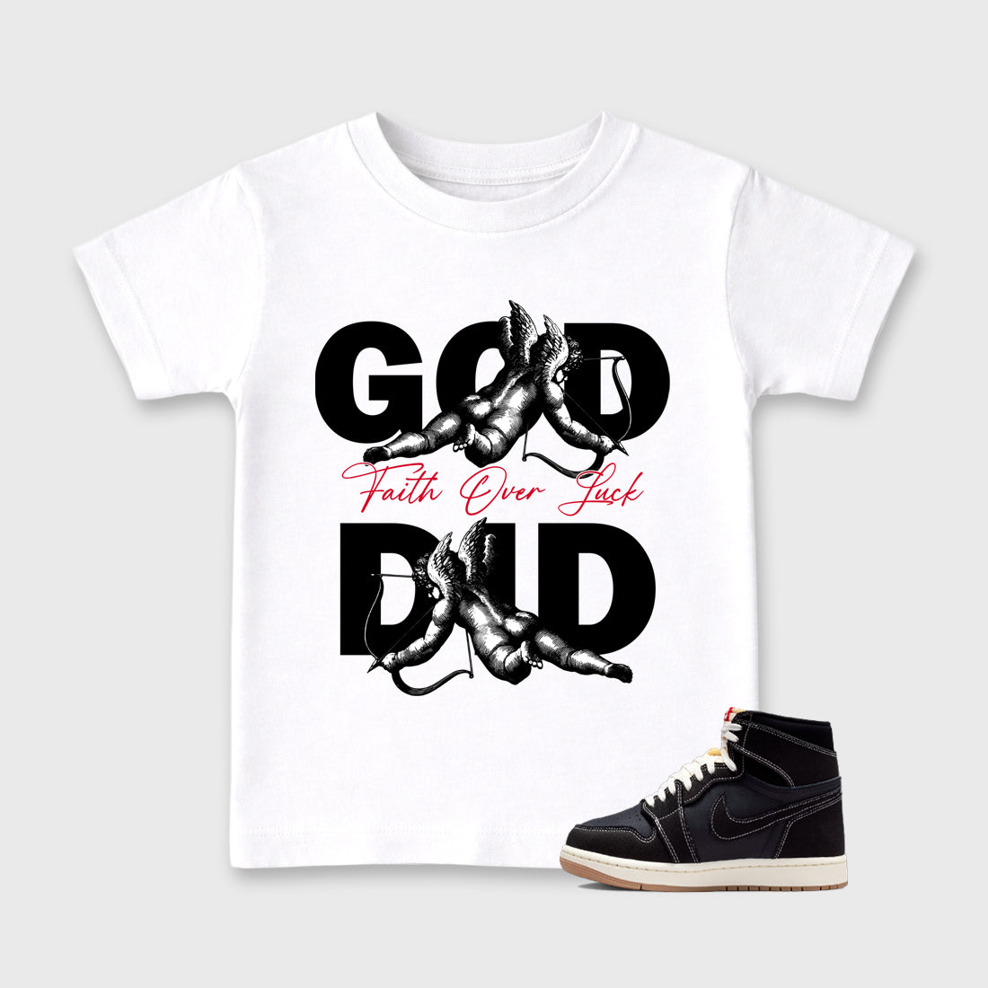 Sneaker match tees – Sneaker Tees To Match Air Jordan 1 Flight Club Shoes – God Did Kids T-Shirt White 1