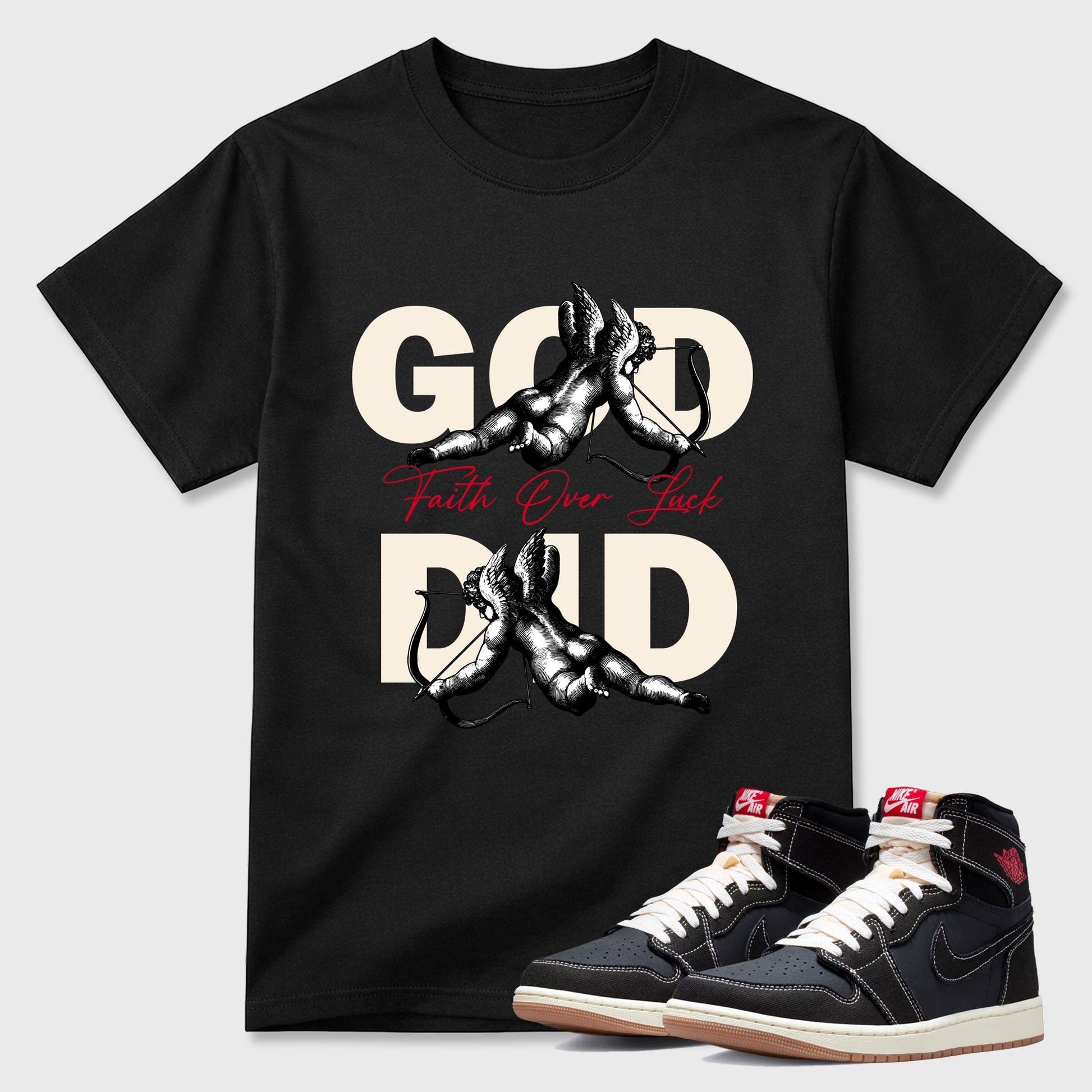 Sneaker match tees – Sneaker Tees To Match Air Jordan 1 Flight Club Shoes – God Did Tee Black 1