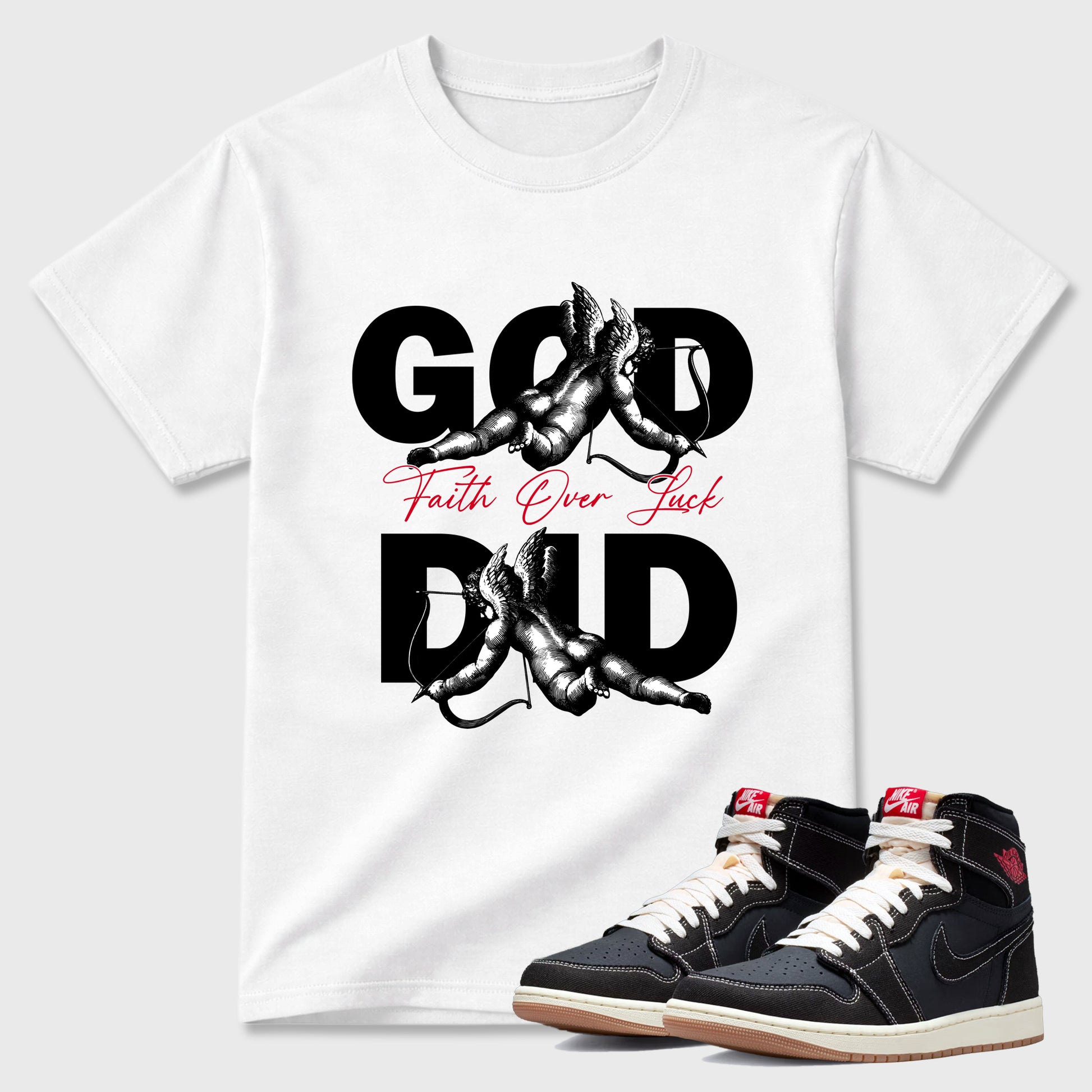 Sneaker match tees – Sneaker Tees To Match Air Jordan 1 Flight Club Shoes – God Did Tee White 1