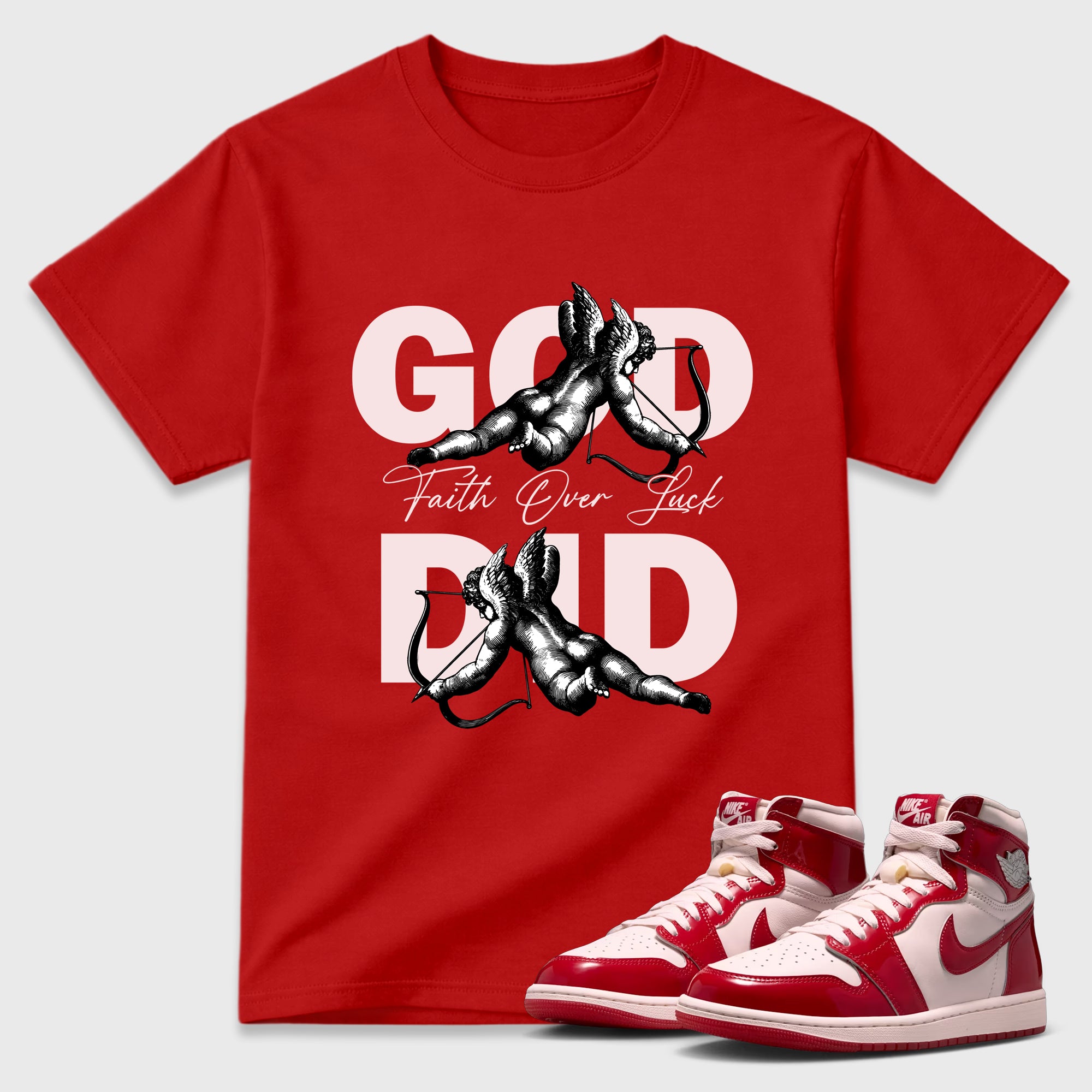 God Did Graphic T-Shirt featuring original streetwear artwork designed to match the Air Jordan 1 Nails and Grails. Red 1 Graphic T-Shirt.