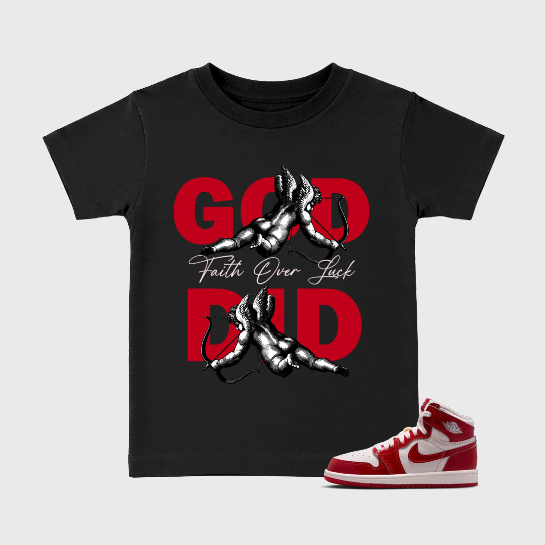 God Did Baby & Kids Graphic T-Shirt featuring original artwork designed to match the Air Jordan 1 Nails and Grails. Black 1 Kids Graphic Tee.