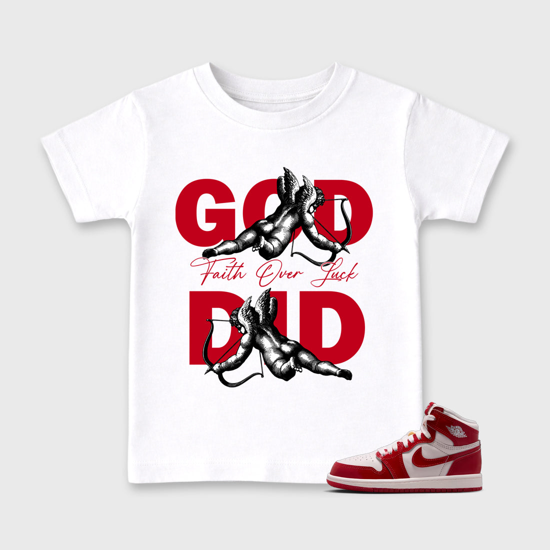 God Did Baby & Kids Graphic T-Shirt featuring original artwork designed to match the Air Jordan 1 Nails and Grails. White 1 Kids Graphic Tee.