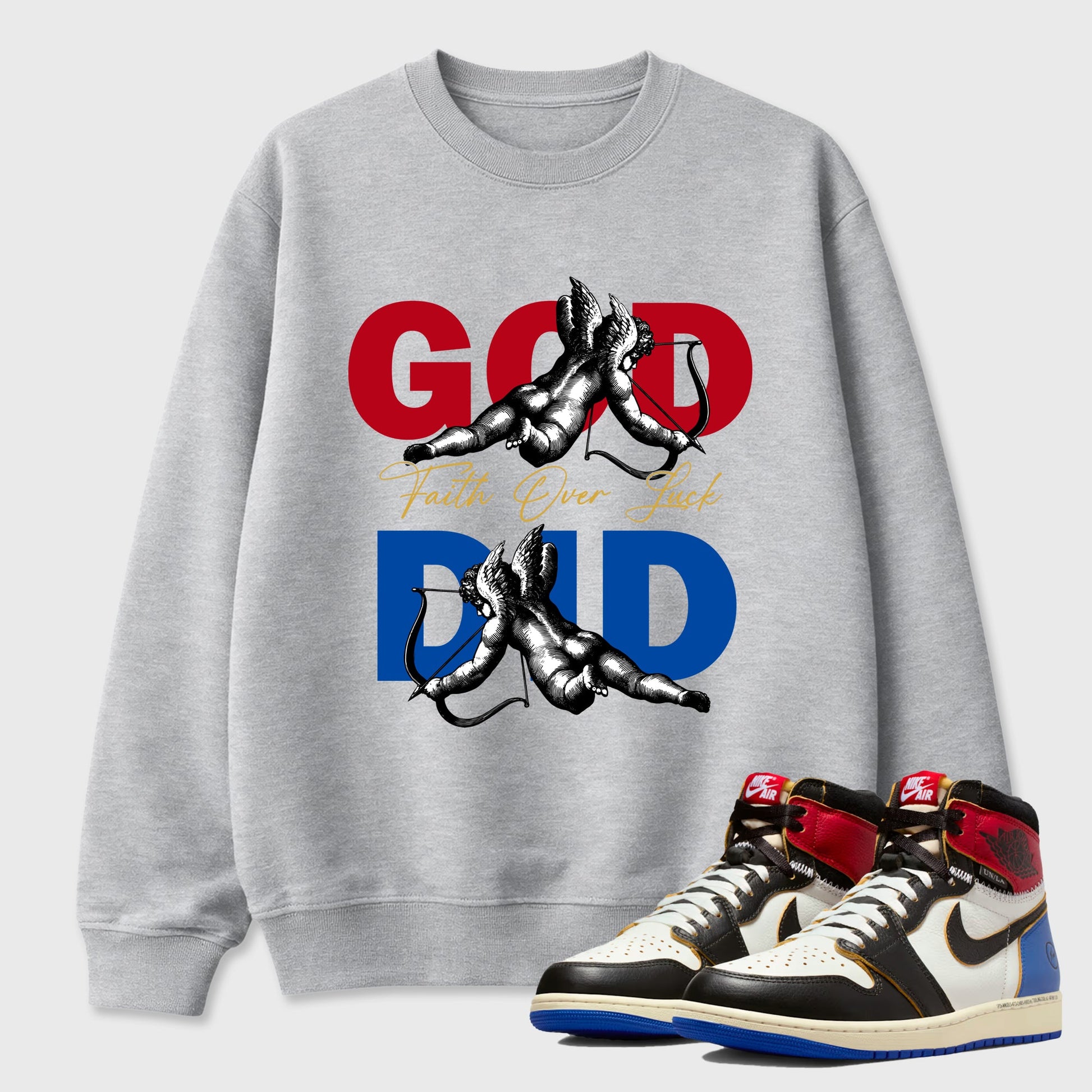 Sneaker match tees – Sneaker Tees To Match Air Jordan 1 Union x Fragment Shoes – God Did Tee Heather Grey 1