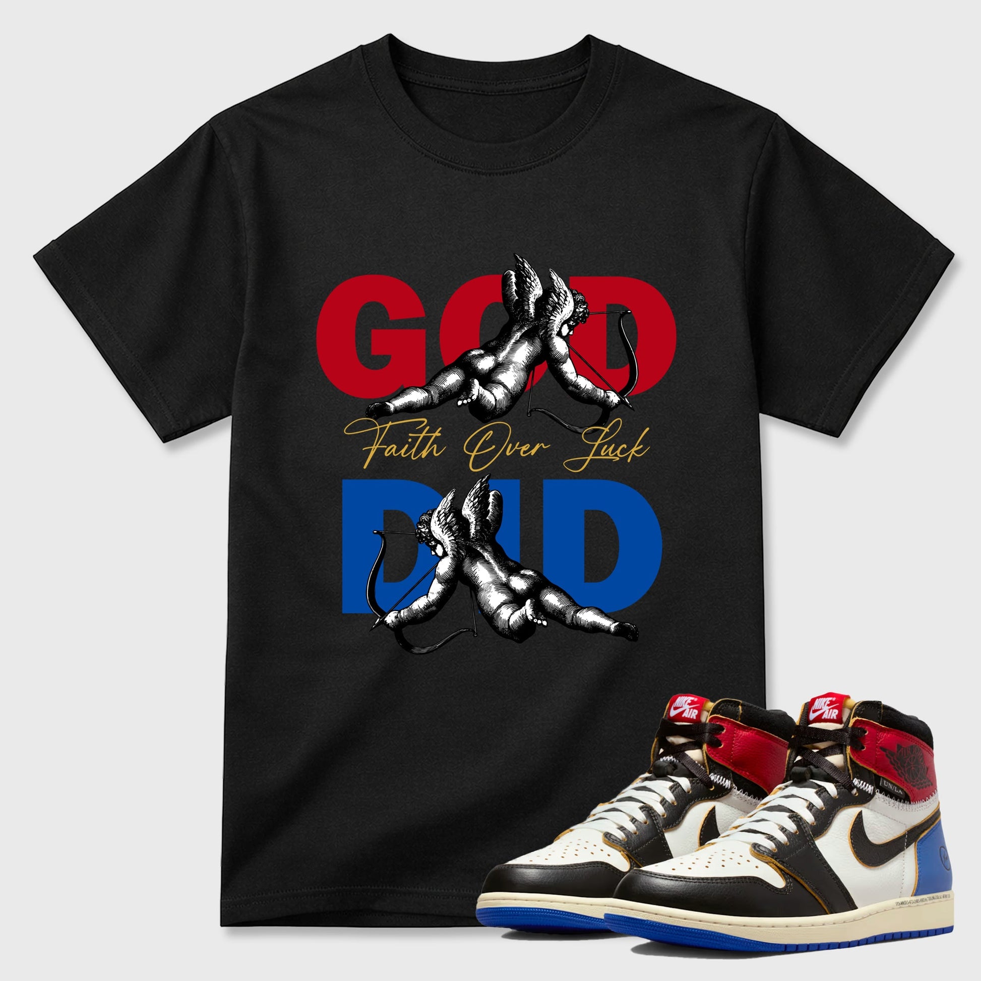 Sneaker match tees – Sneaker Tees To Match Air Jordan 1 Union x Fragment Shoes – God Did Tee Black 1