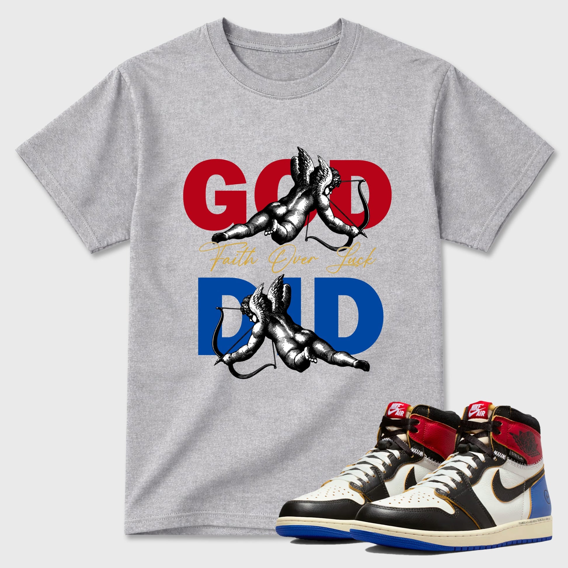 Sneaker match tees – Sneaker Tees To Match Air Jordan 1 Union x Fragment Shoes – God Did Tee Heather Grey 1