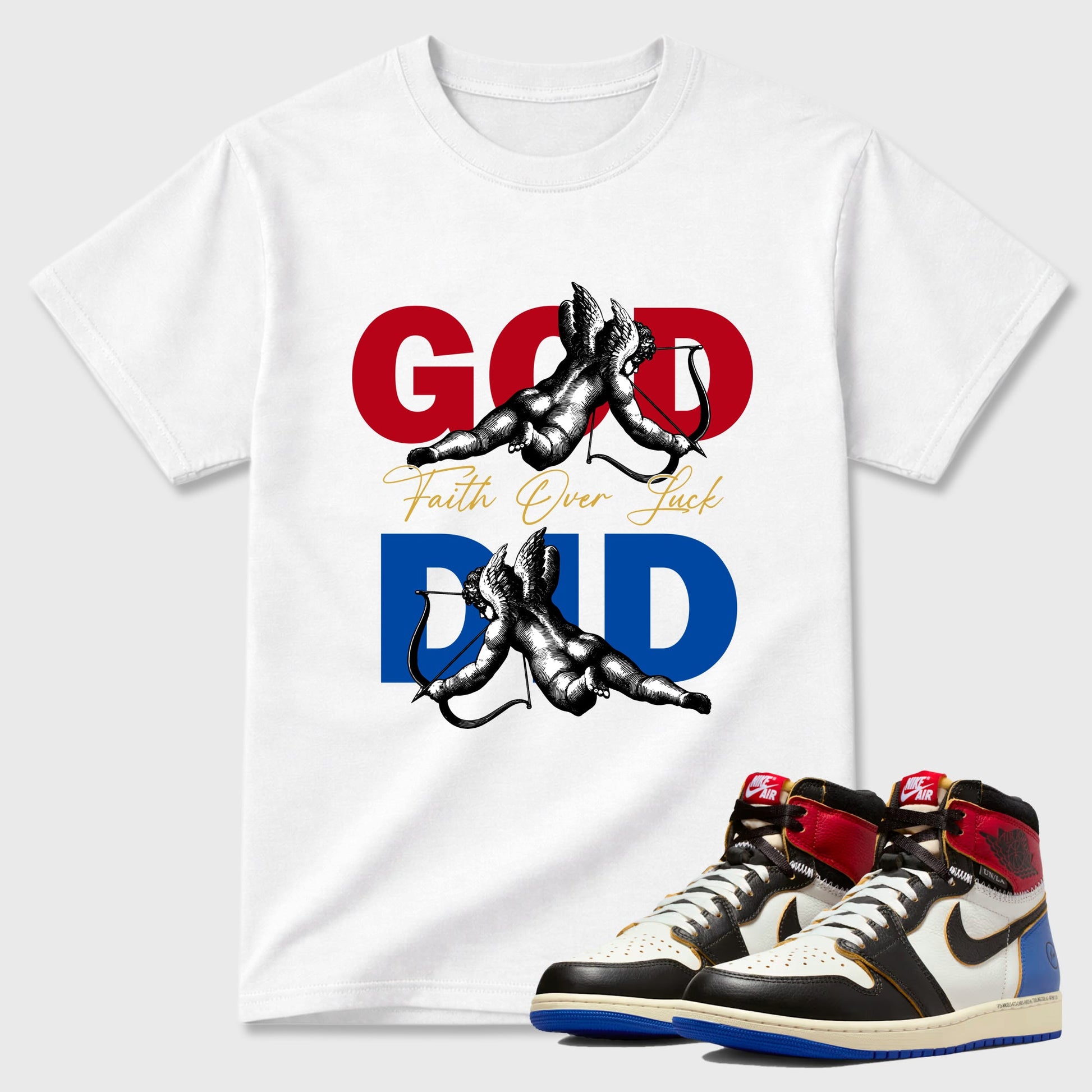 Sneaker match tees – Sneaker Tees To Match Air Jordan 1 Union x Fragment Shoes – God Did Tee White 1