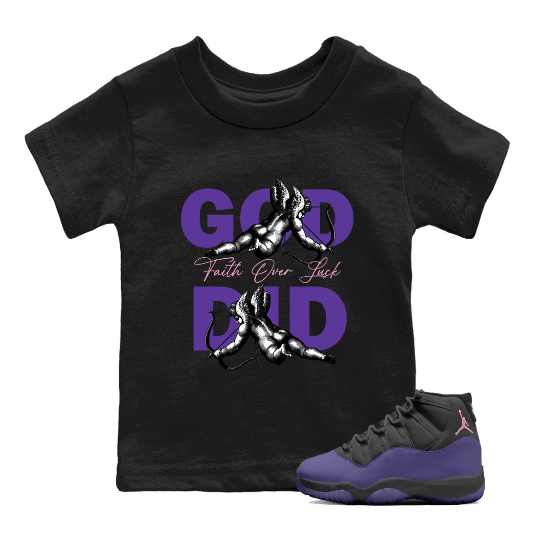 Sneaker Threads – Sneaker Tees To Match Air Jordan 11 Canyon Purple – God Did Youth Graphic Tee Black 1. Perfect for Jordan releases 2025 colorways.