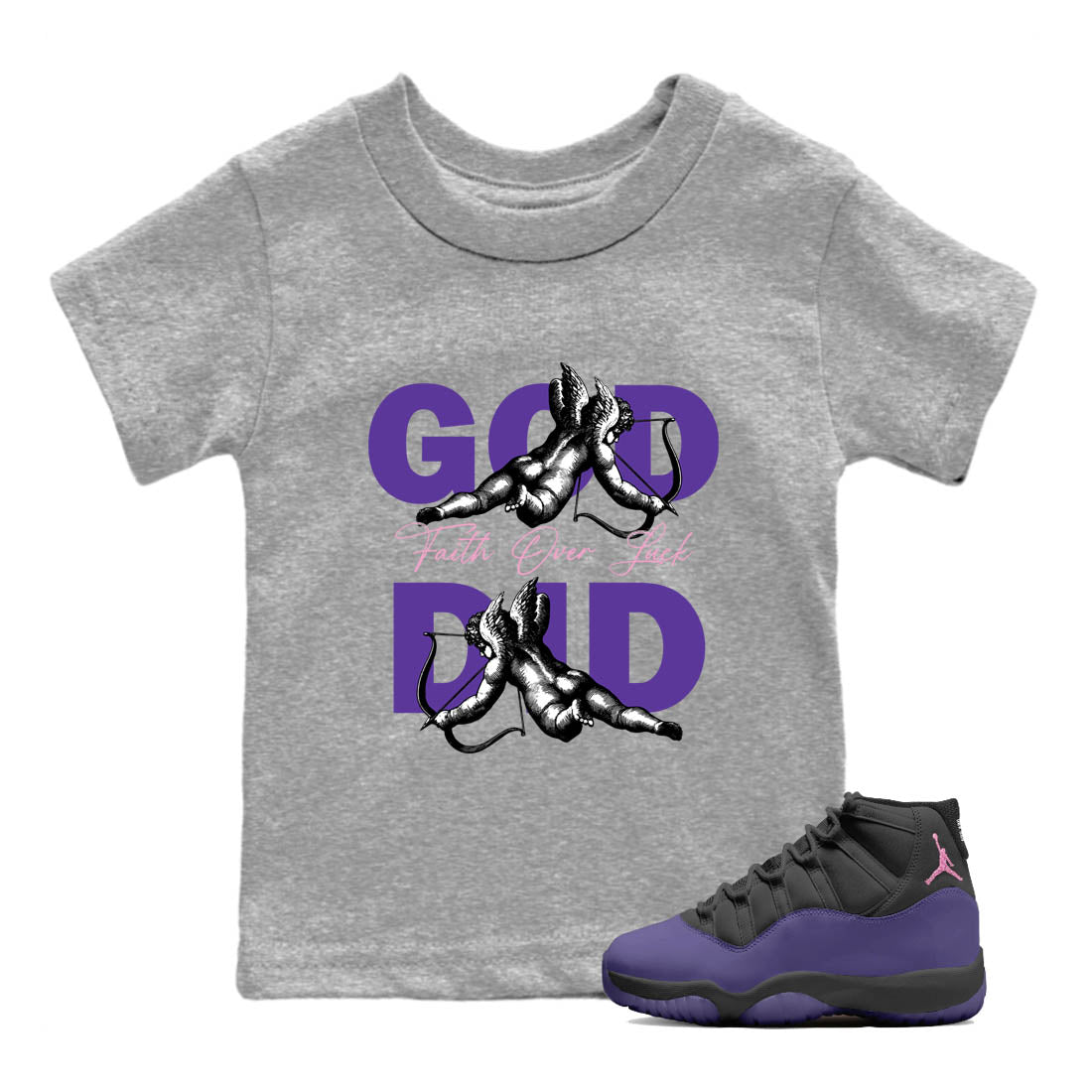 Sneaker Threads – Sneaker Tees To Match Air Jordan 11 Canyon Purple – God Did Youth Graphic Tee Heather Grey 1. Perfect for Jordan releases 2025 colorways.