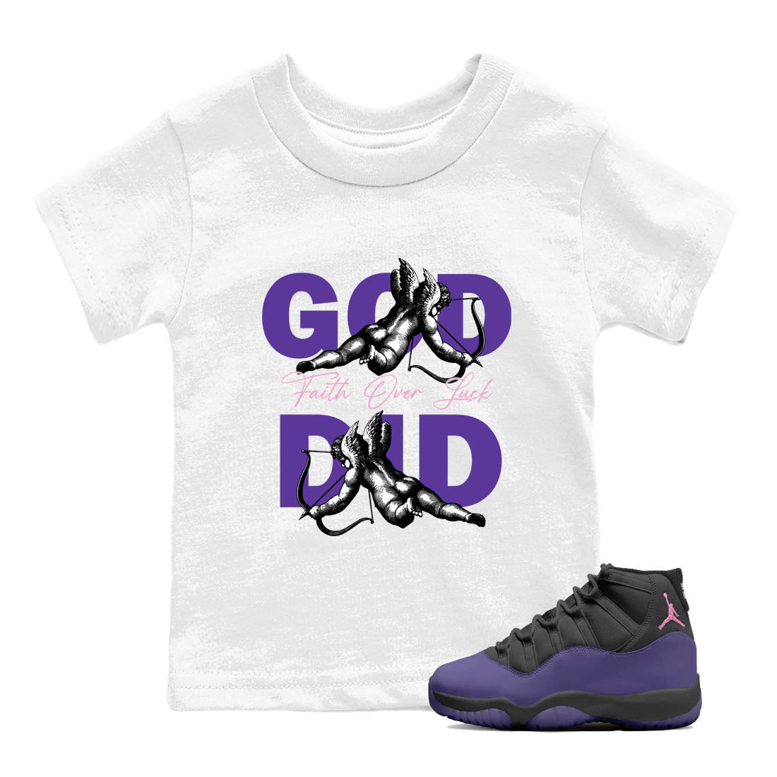 Sneaker Threads – Sneaker Tees To Match Air Jordan 11 Canyon Purple – God Did Youth Graphic Tee White 1. Perfect for Jordan releases 2025 colorways.