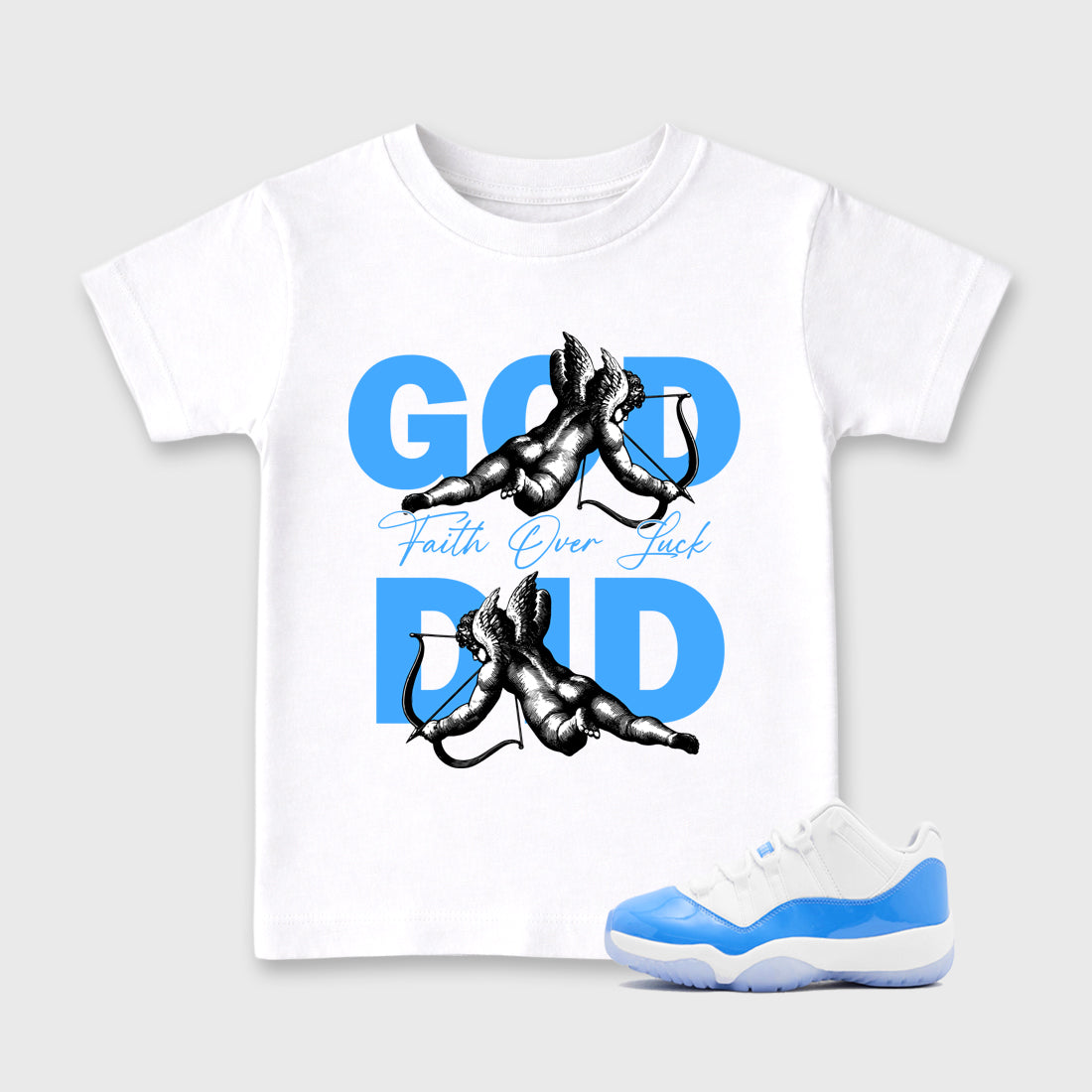 Sneaker match tees – Sneaker Tees To Match Air Jordan 11 University Blue Shoes – God Did Kids T-Shirt White 1
