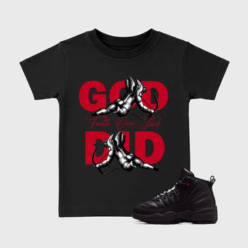 God Did affordable baby and kids t-shirt designed to match the Air Jordan 12 Bloodline, featuring coordinated Black 1 options for the perfect little sneakerhead streetwear look.