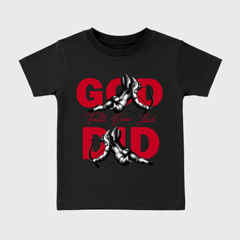 God Did affordable baby and kids t-shirt designed to match the Air Jordan 12 Bloodline, featuring coordinated Black 2 options for the perfect little sneakerhead streetwear look.