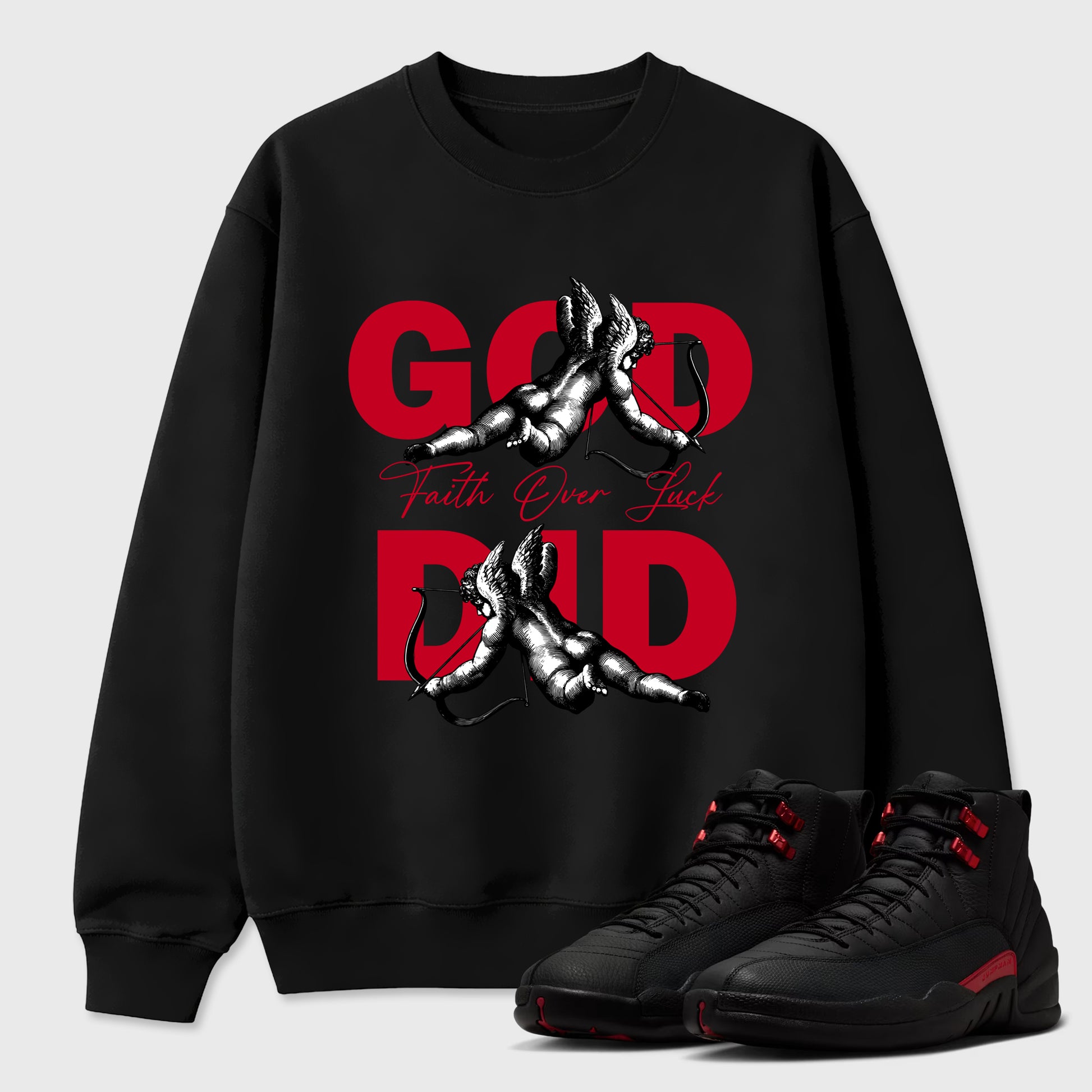 God Did Graphic T-Shirt sneaker match tee designed for the Air Jordan 12 Bloodline, featuring coordinated color options for a perfect streetwear match. Black 1 shirt.