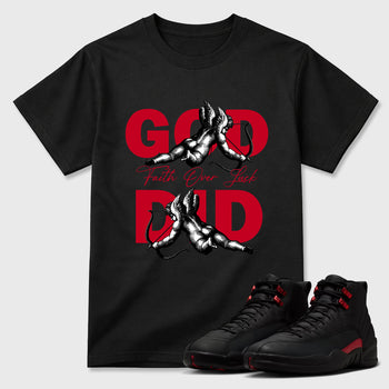 God Did Graphic T-Shirt sneaker match tee designed for the Air Jordan 12 Bloodline, featuring coordinated color options for a perfect streetwear match. Black 1 shirt.