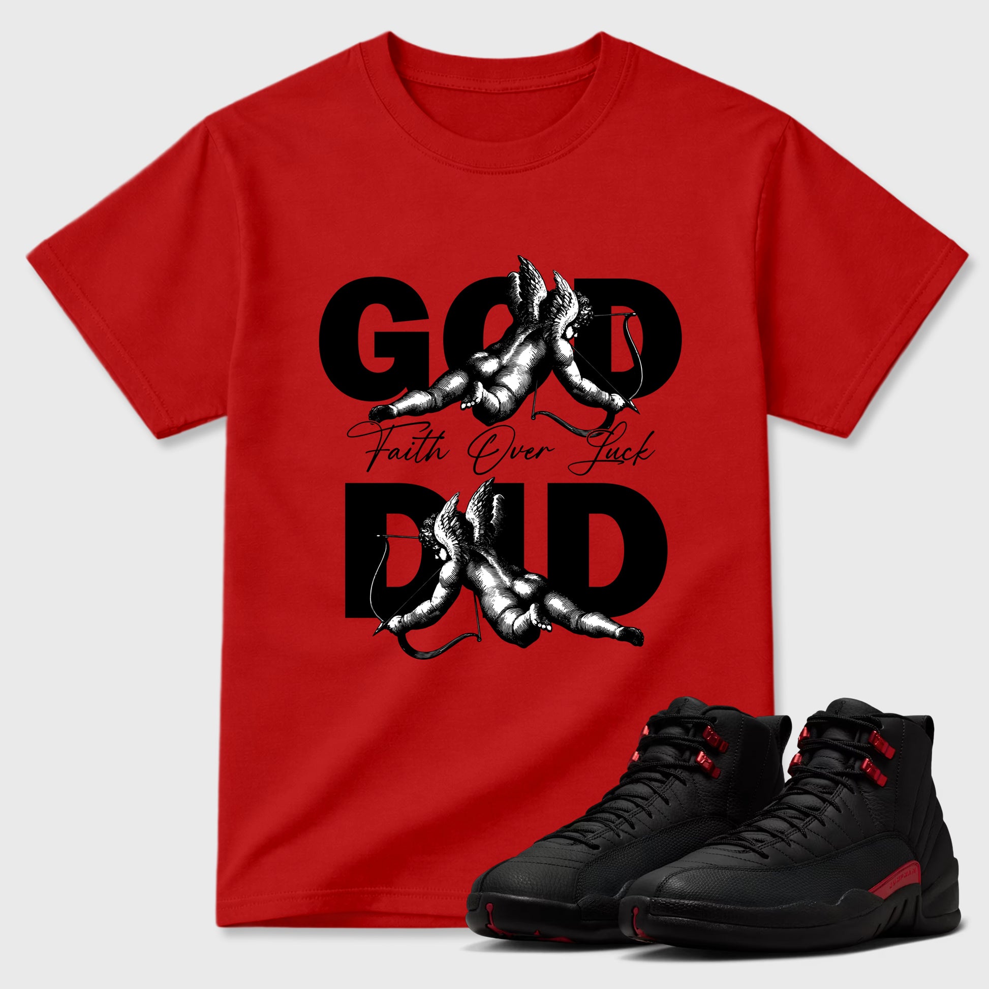 God Did Graphic T-Shirt sneaker match tee designed for the Air Jordan 12 Bloodline, featuring coordinated color options for a perfect streetwear match. Red 1 shirt.