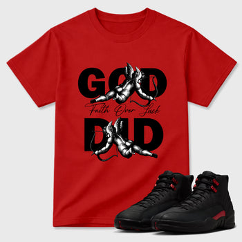 God Did Graphic T-Shirt sneaker match tee designed for the Air Jordan 12 Bloodline, featuring coordinated color options for a perfect streetwear match. Red 1 shirt.