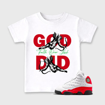 Sneaker match tees – Sneaker Tees To Match Air Jordan 13 University Red Shoes – God Did Kids T-Shirt White 1