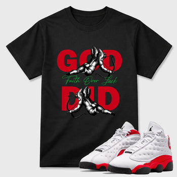 Sneaker match tees – Sneaker Tees To Match Air Jordan 13 University Red Shoes – God Did Tee Black 1