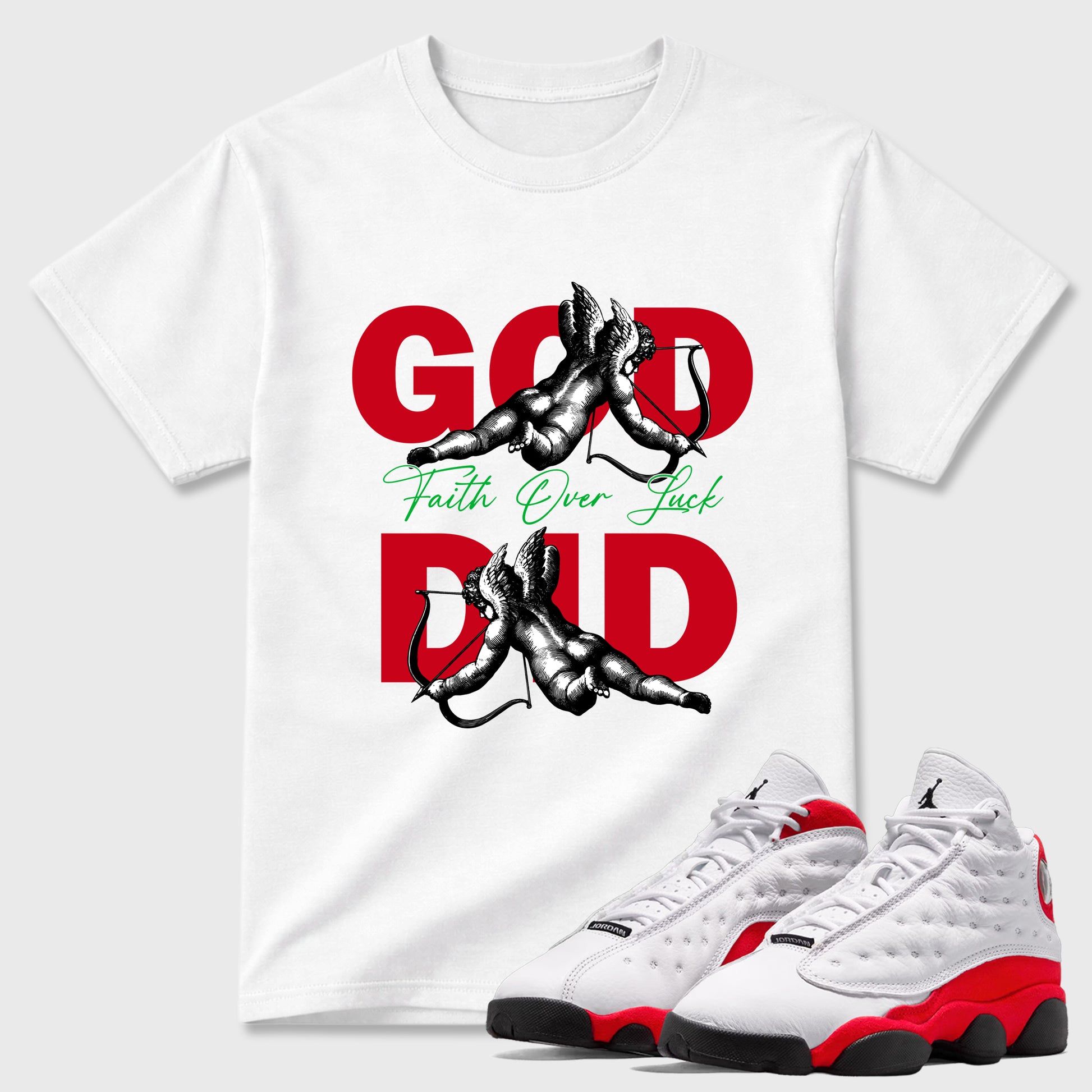 Sneaker match tees – Sneaker Tees To Match Air Jordan 13 University Red Shoes – God Did Tee White 1