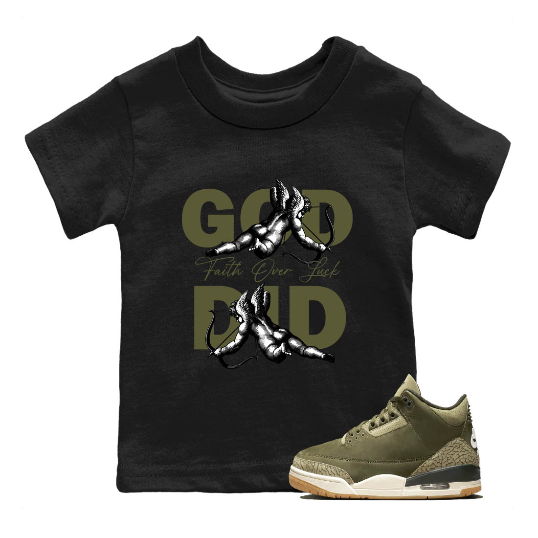 Sneaker Threads – Sneaker Tees To Match Air Jordan 3 Medium Olive – God Did Youth Graphic Tee Black 1. Perfect for Jordan releases 2025 colorways.