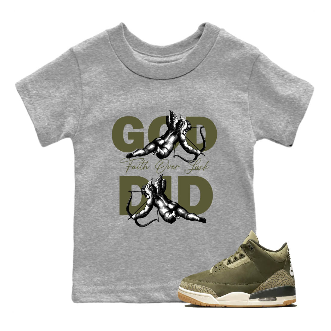 Sneaker Threads – Sneaker Tees To Match Air Jordan 3 Medium Olive – God Did Youth Graphic Tee Heather Grey 1. Perfect for Jordan releases 2025 colorways.