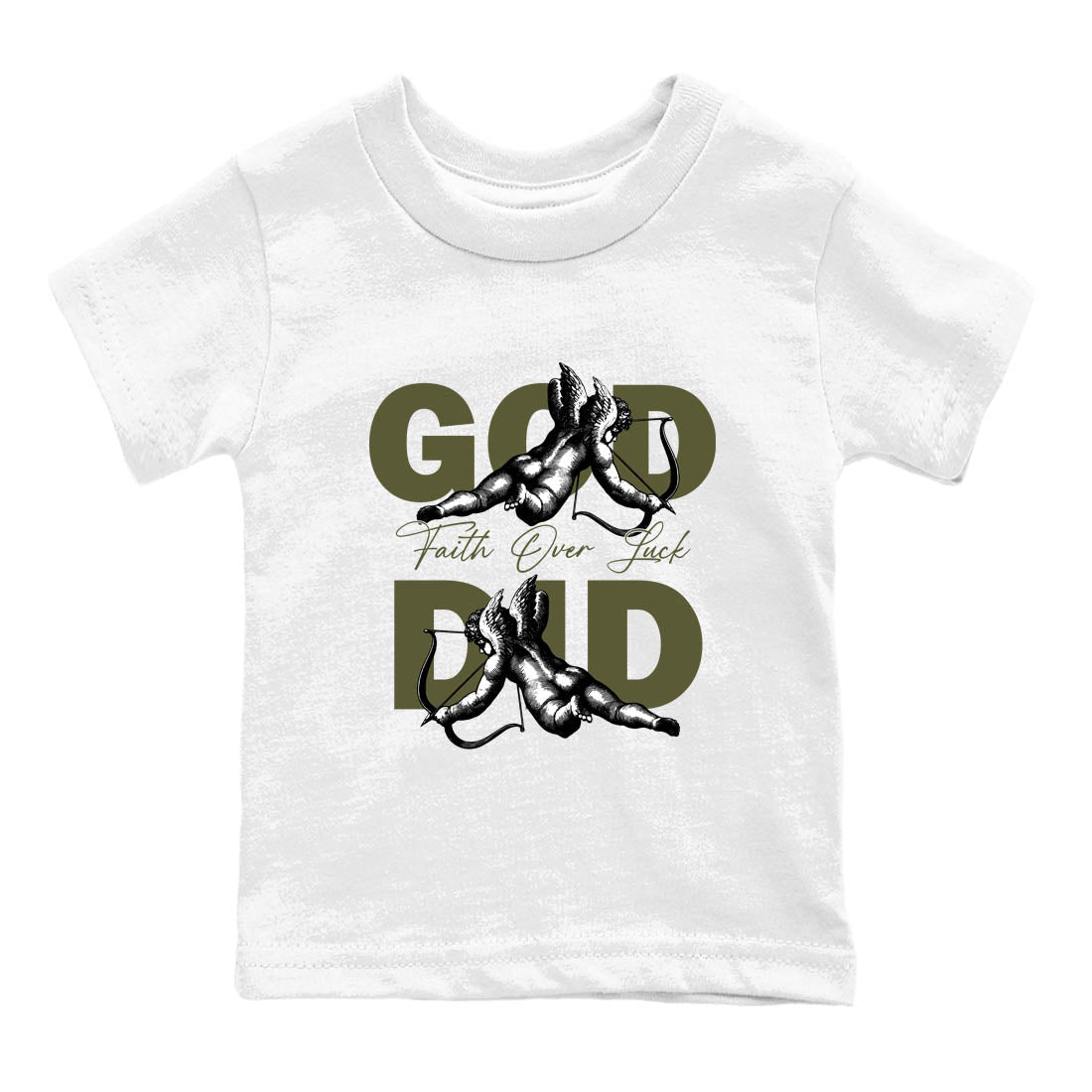 Sneaker Threads – Sneaker Tees To Match Air Jordan 3 Medium Olive – God Did Youth Graphic Tee White 2. Perfect for Jordan releases 2025 colorways.