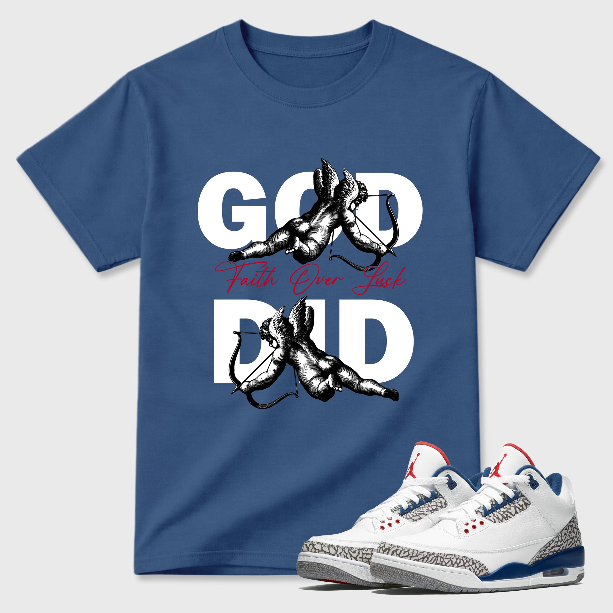 God Did Graphic T-Shirt featuring original streetwear artwork designed to match the Air Jordan 3 True Blue. Denim Blue 1 Graphic T-Shirt.