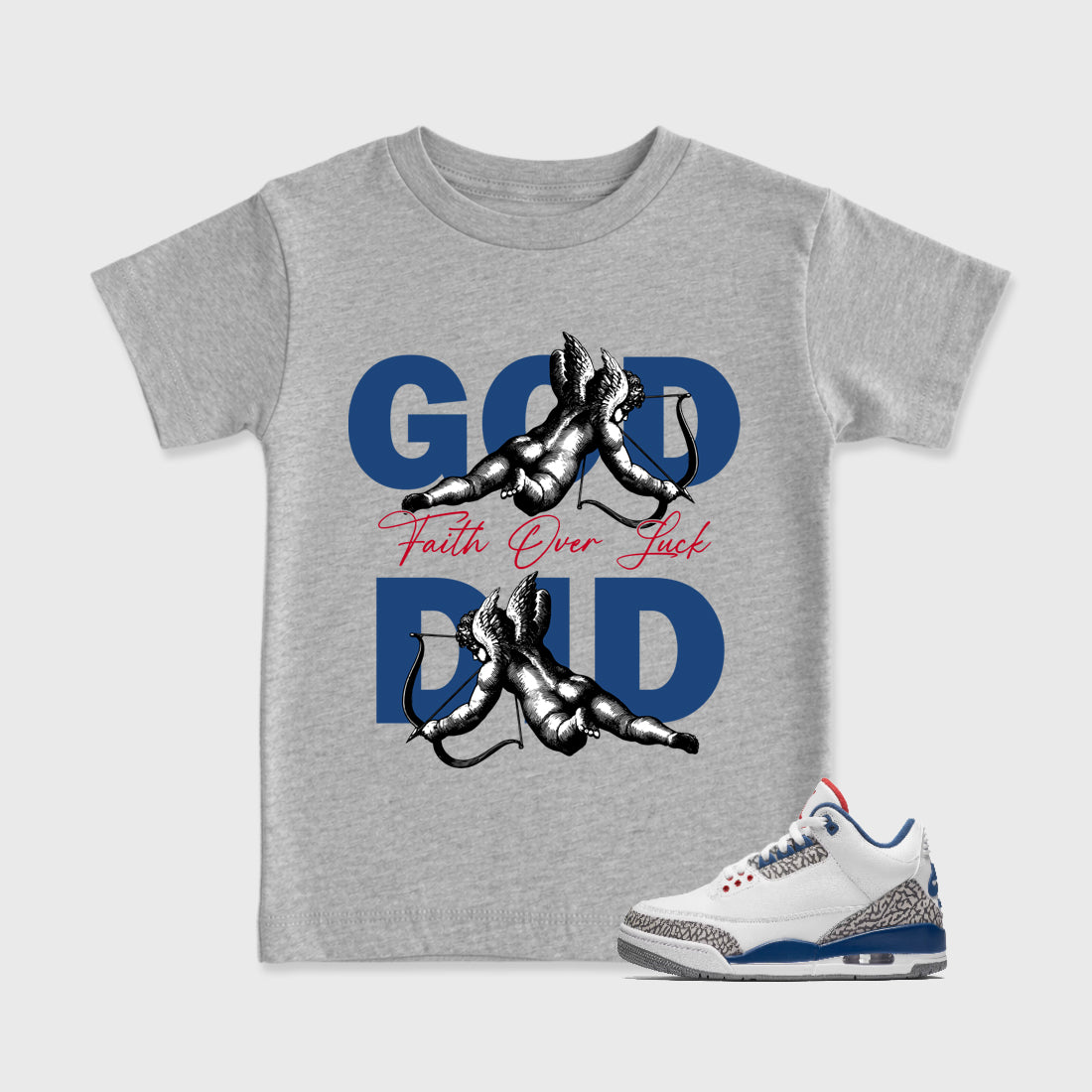 God Did Baby & Kids Graphic T-Shirt featuring original artwork designed to match the Air Jordan 3 True Blue. Heather Grey 1 Kids Graphic Tee.