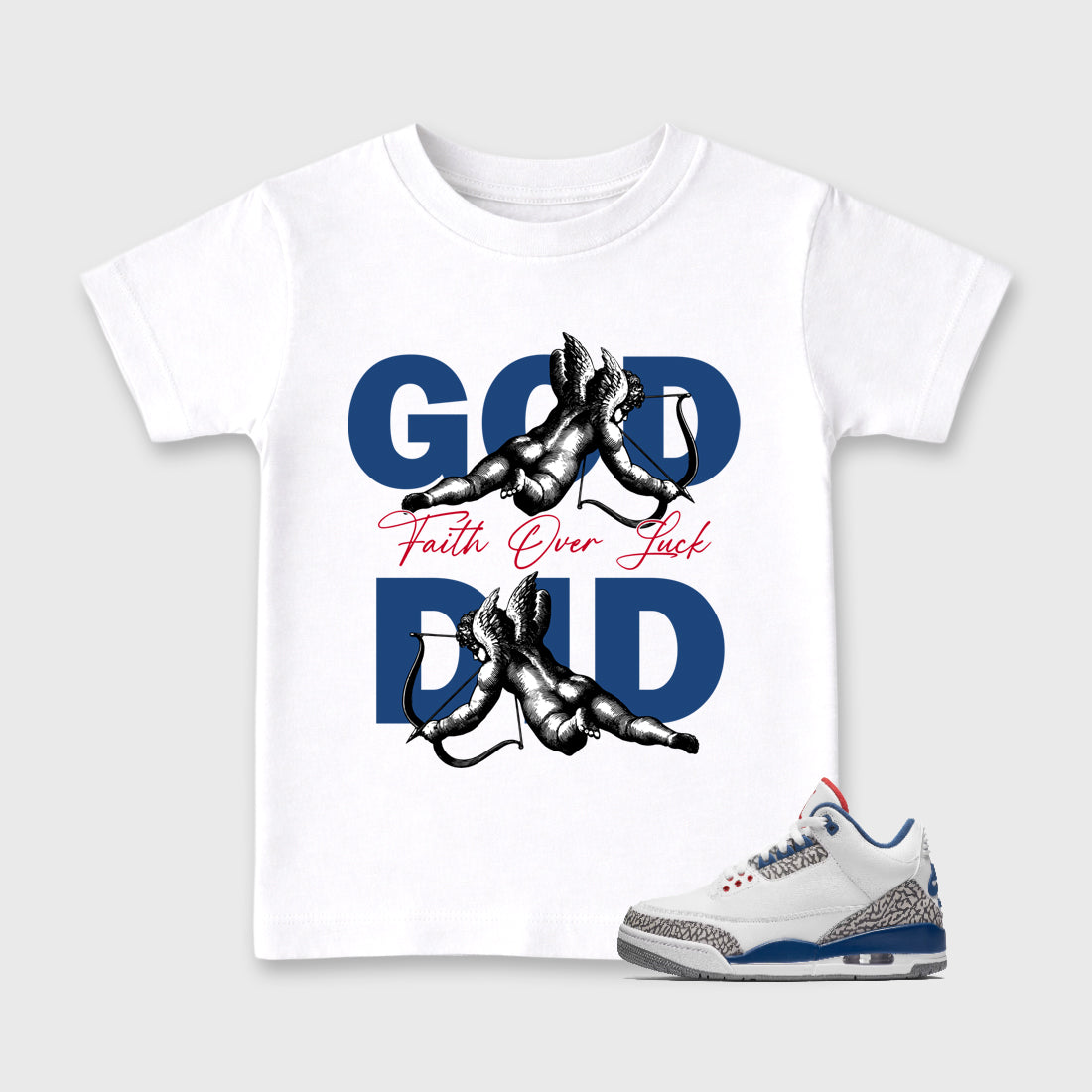 God Did Baby & Kids Graphic T-Shirt featuring original artwork designed to match the Air Jordan 3 True Blue. White 1 Kids Graphic Tee.