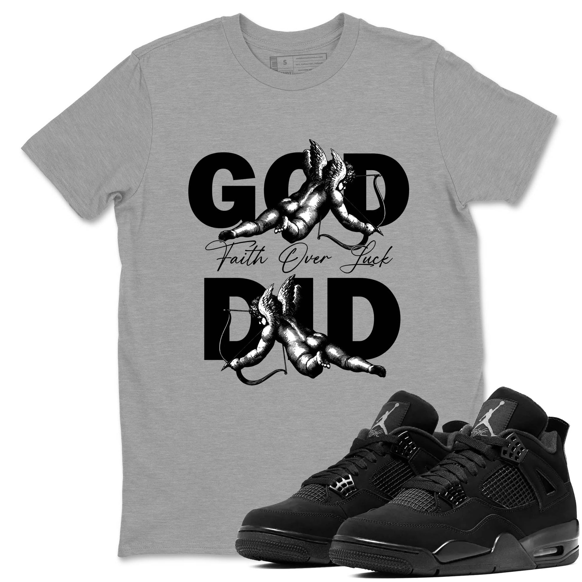 Sneaker Threads – Sneaker Tees To Match Air Jordan 4 Black Cat – God Did Graphic Tee Heather Grey 1. Perfect for Jordan releases 2025 colorways.