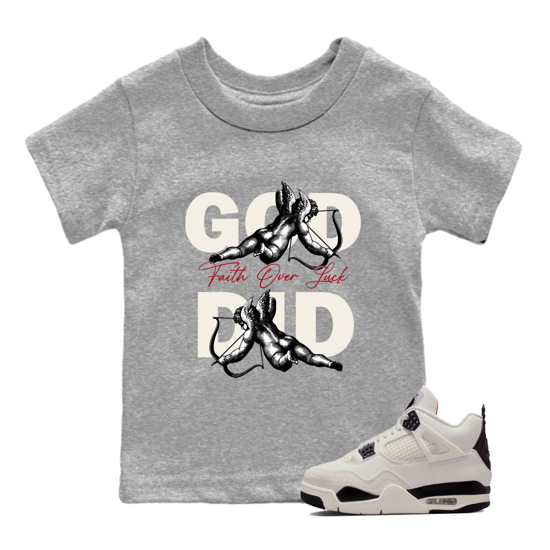 Sneaker match tees – Sneaker Tees To Match Air Jordan 4 Flight Club Shoes – God Did Kids T-Shirt Heather Grey 1