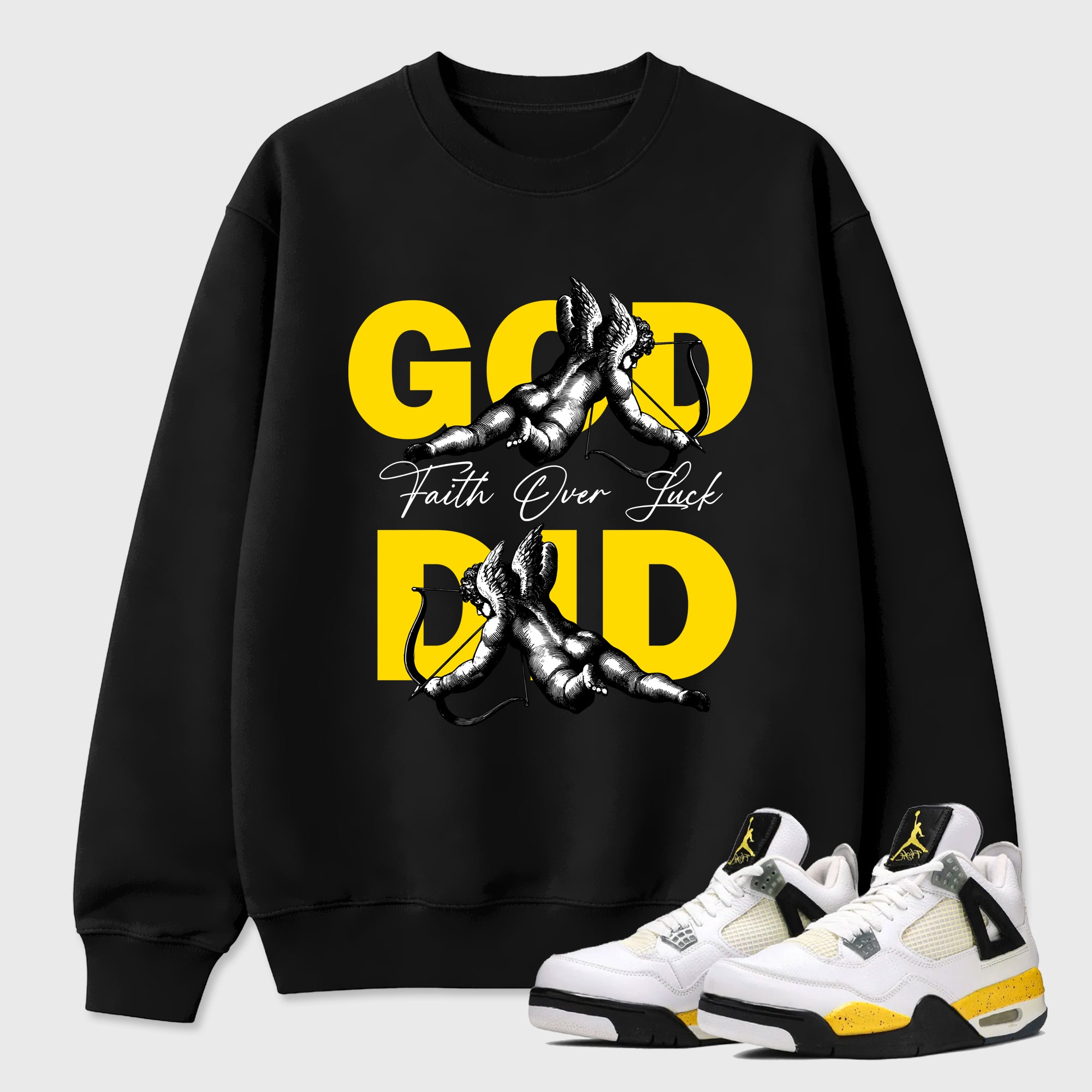 God Did Graphic T-Shirt featuring original streetwear artwork designed to match the Air Jordan 4 Tour Yellow. Black 1 Graphic Tee.