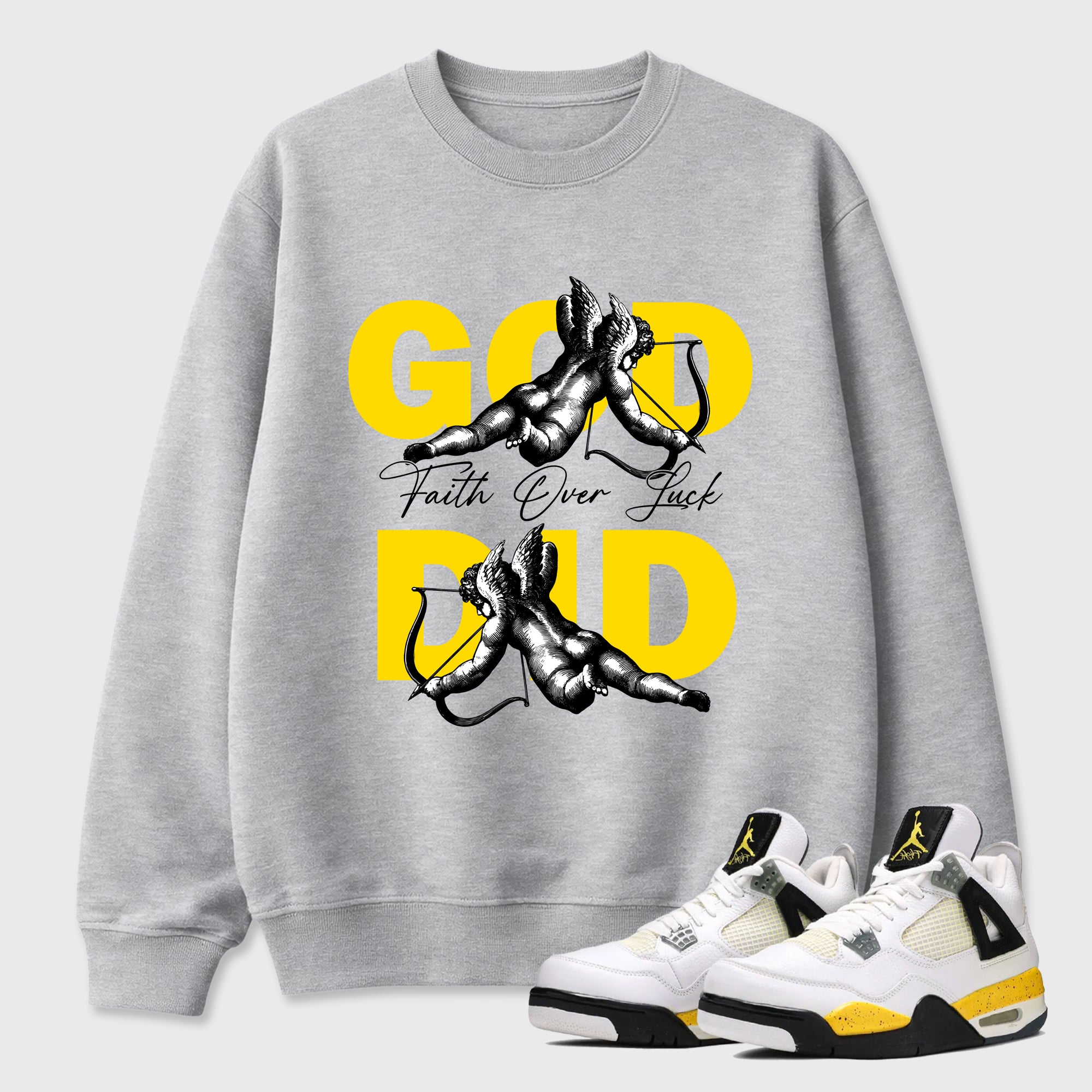 God Did Graphic T-Shirt featuring original streetwear artwork designed to match the Air Jordan 4 Tour Yellow. Heather Grey 1 Graphic Tee.