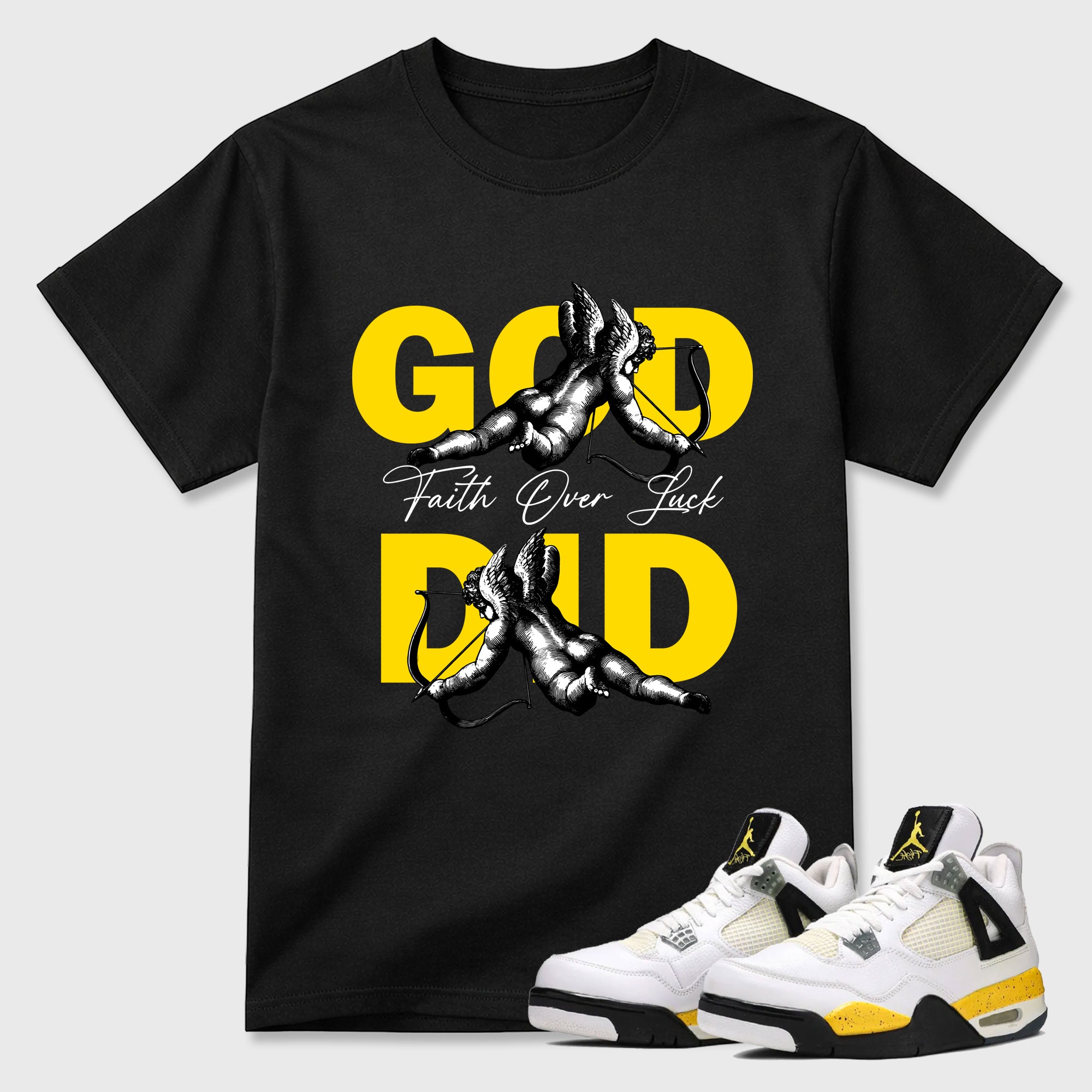 God Did Graphic T-Shirt featuring original streetwear artwork designed to match the Air Jordan 4 Tour Yellow. Black 1 Graphic T-Shirt.