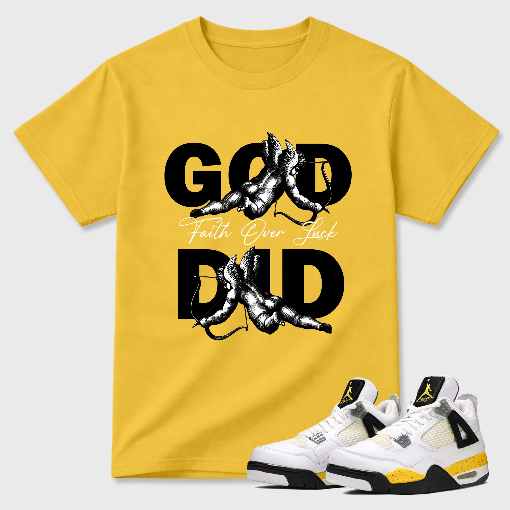 God Did Graphic T-Shirt featuring original streetwear artwork designed to match the Air Jordan 4 Tour Yellow. Daisy 1 Graphic T-Shirt.