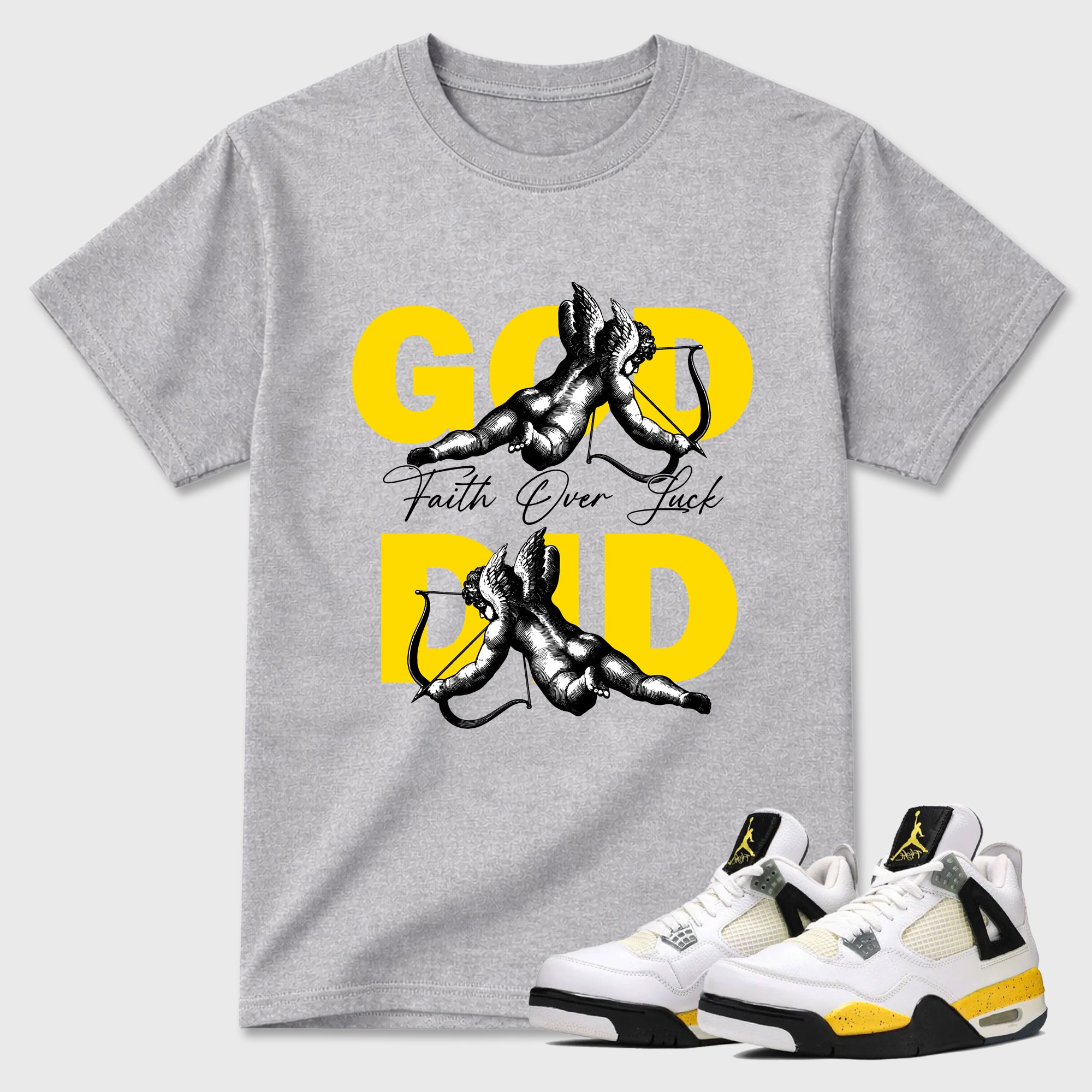God Did Graphic T-Shirt featuring original streetwear artwork designed to match the Air Jordan 4 Tour Yellow. Heather Grey 1 Graphic T-Shirt.